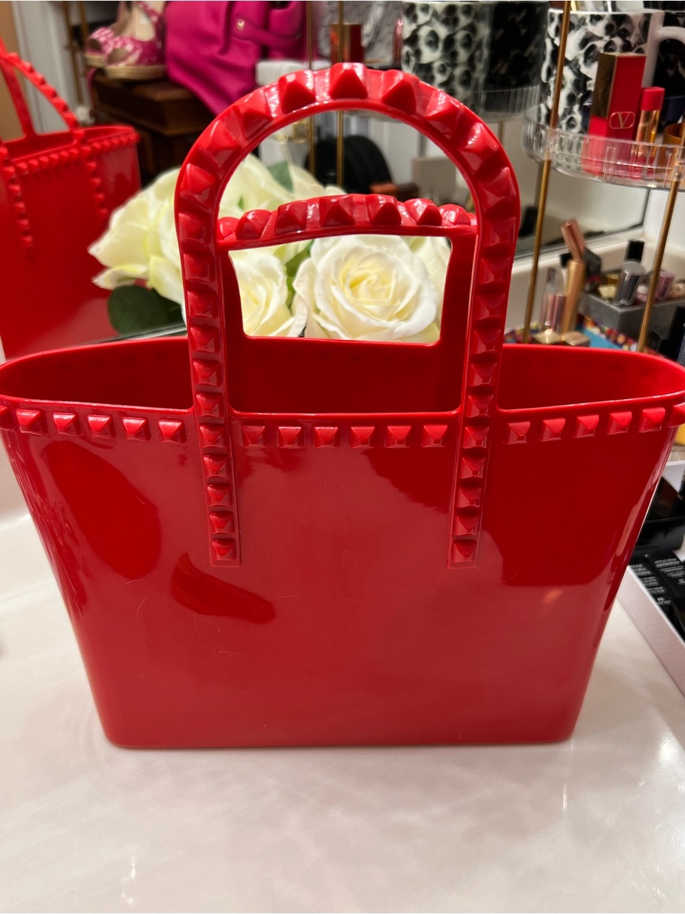 NWOT Carmen Sol Red Jelly Stud-Trim Tote Bag